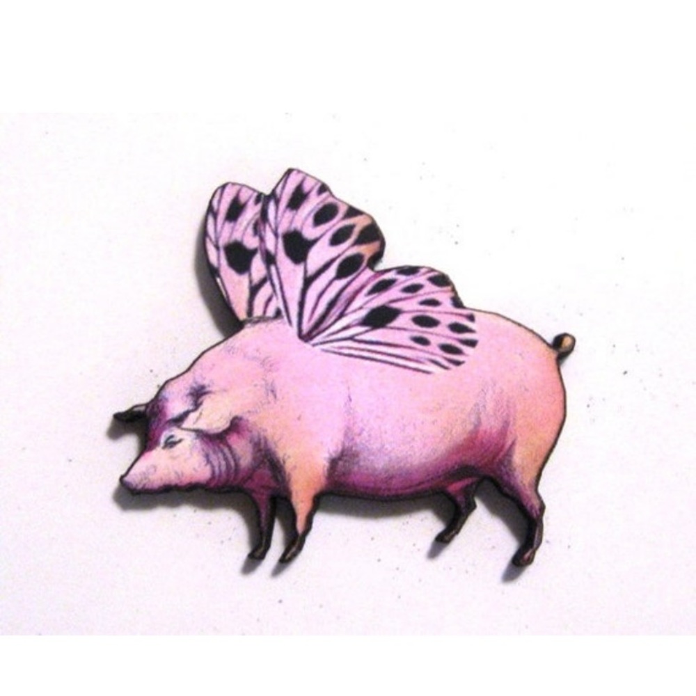 Flying Pig Wooden Magnet